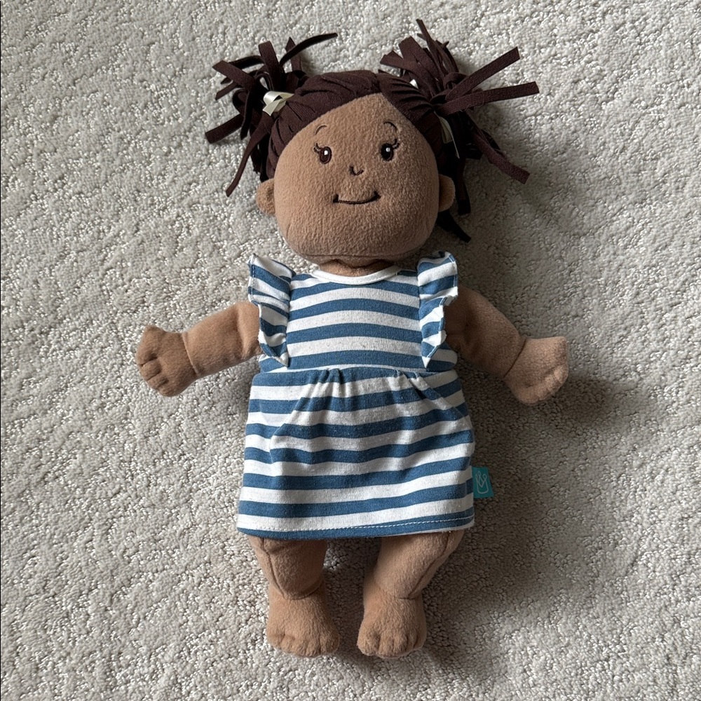 Manhattan Toy Baby Stella Beige Plush Doll with striped white and blue dress